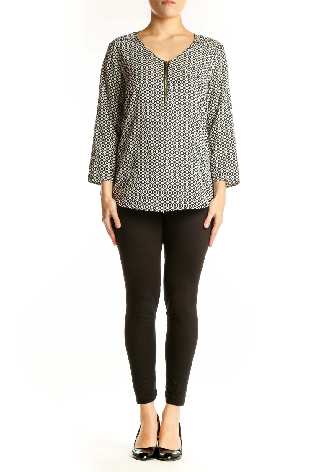 Sunny Leigh cream and black geometric print top with three-quarter sleeves and V-neckline, front view