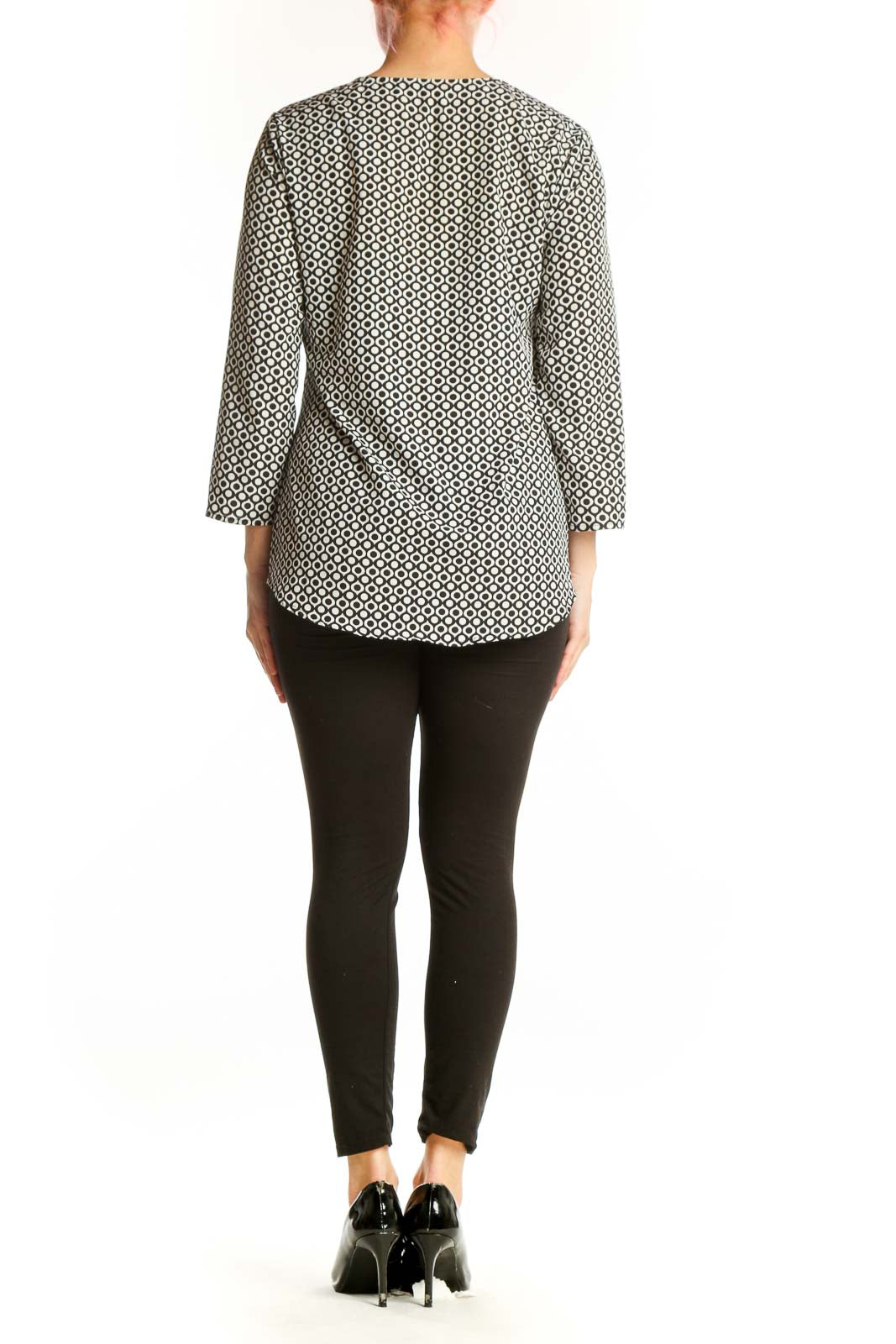 Sunny Leigh cream and black geometric print top with three-quarter sleeves, back view