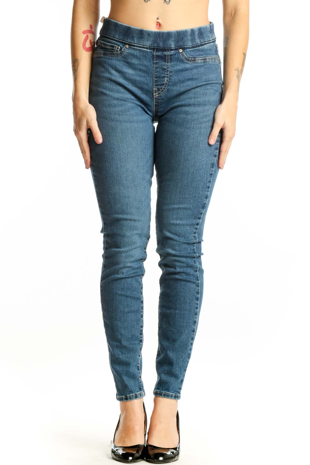 Blue medium wash skinny denim jeans front view, size S, Signature by Levi Strauss