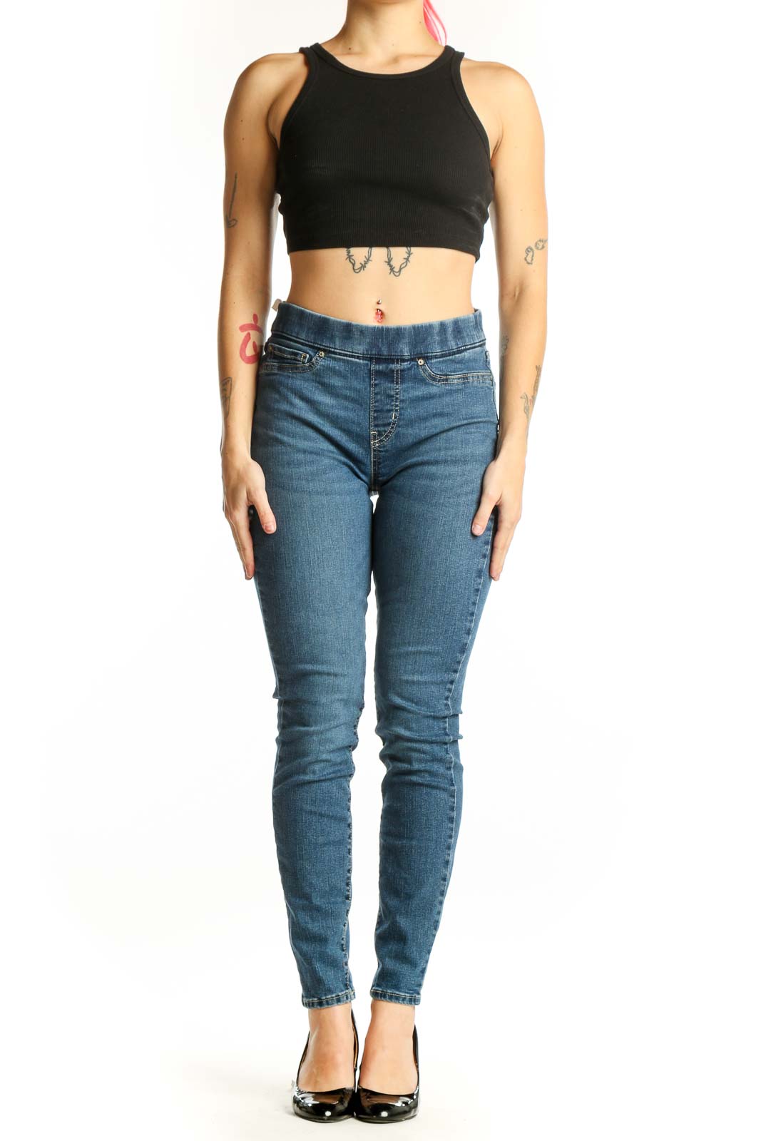 Blue medium wash skinny denim jeans front view, size S, Signature by Levi Strauss