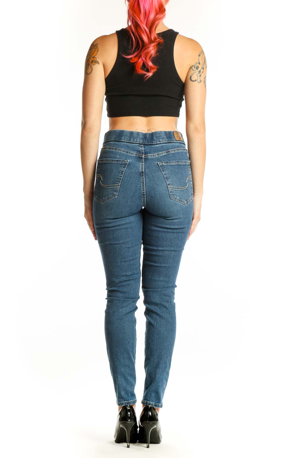 Blue medium wash skinny denim jeans back view, size S, Signature by Levi Strauss