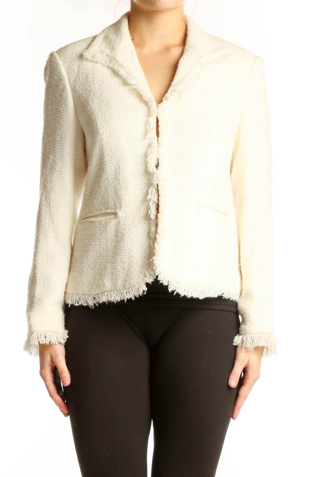 Front view of cream textured blazer with frayed edges and notch lapel by SAG HARBOR