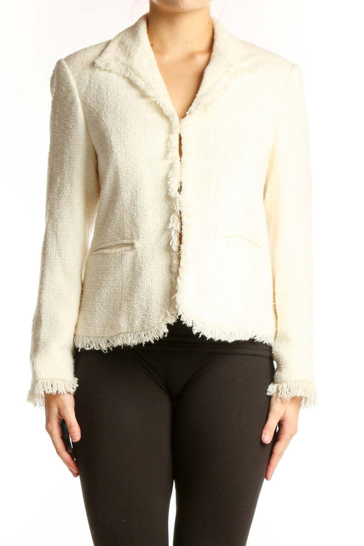 Front view of cream textured blazer with frayed edges and notch lapel by SAG HARBOR