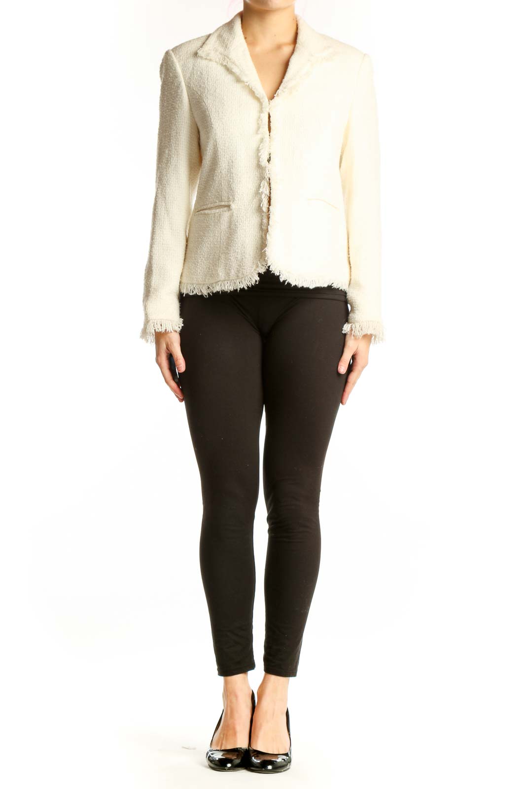 Front view of cream textured blazer with frayed edges and notch lapel by SAG HARBOR