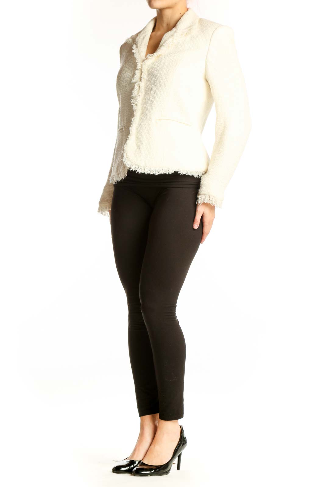 Front view of cream textured blazer with frayed edges and notch lapel by SAG HARBOR