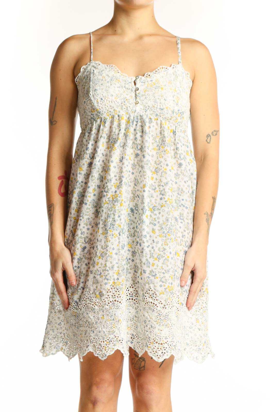 Cream floral Joie dress with sweetheart neckline, empire waist, and eyelet lace hem - front view