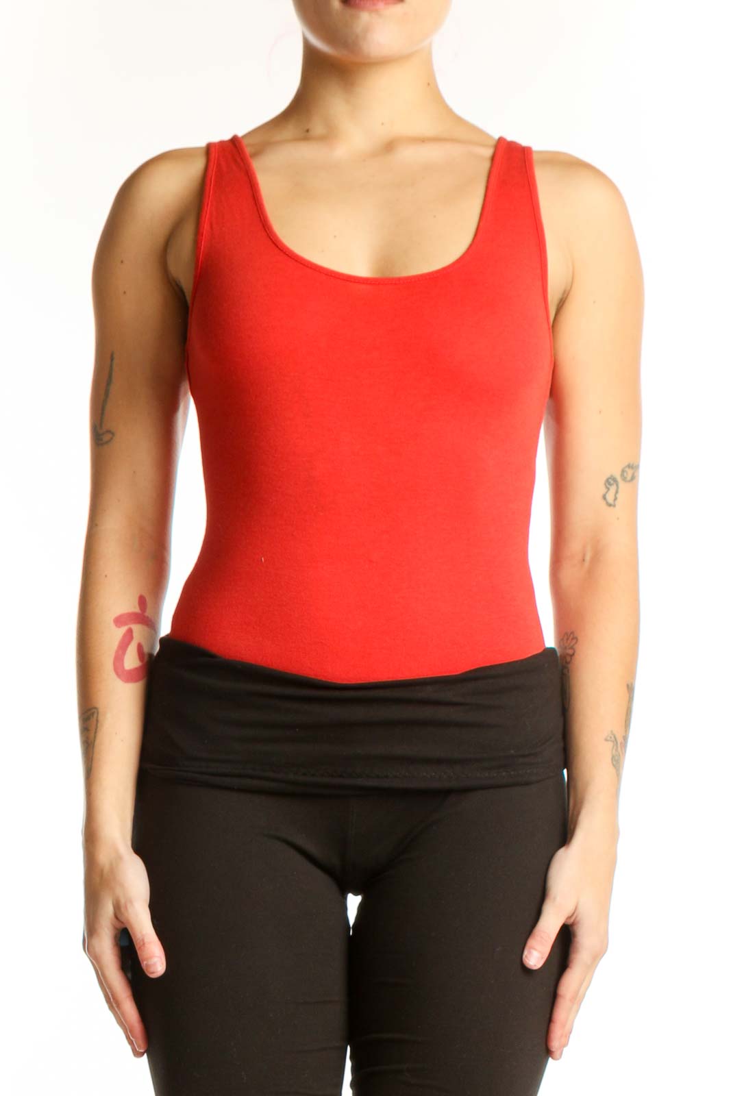 Red scoop neckline tank top by Madewell, front view on model