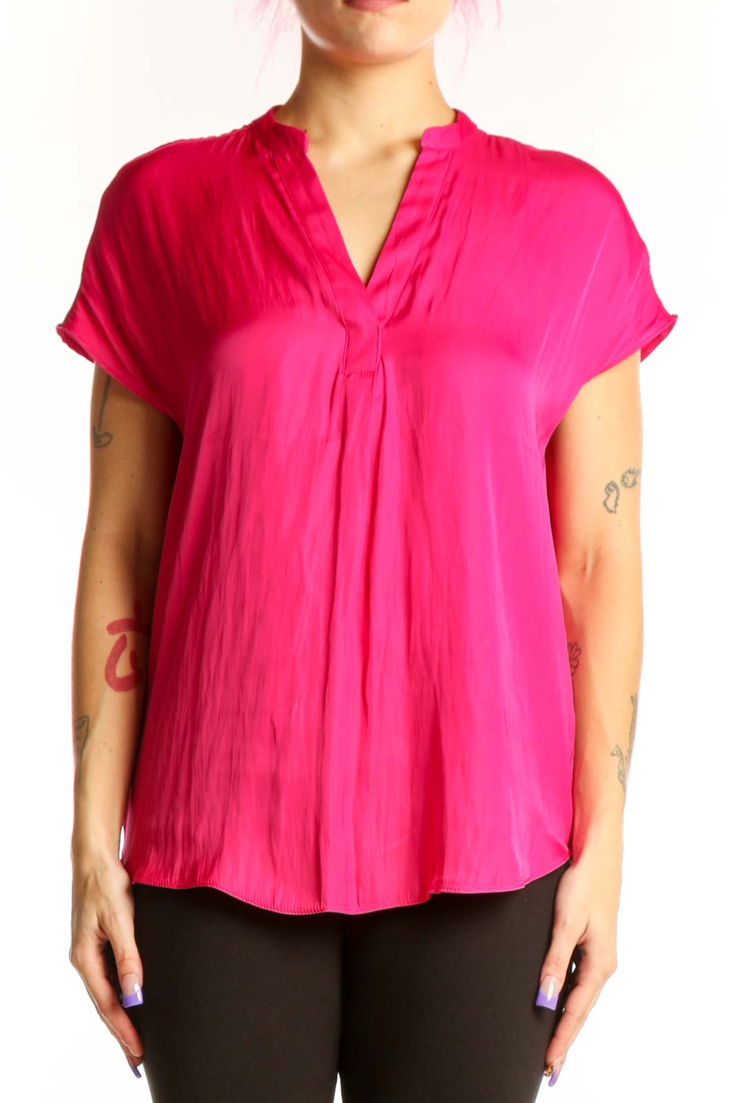 Pink pleated V-neck short sleeve top with A-line silhouette by RACHEL Rachel Roy