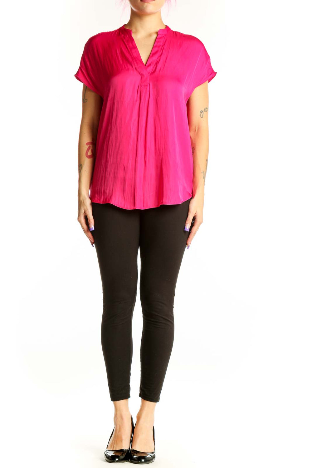 Pink pleated V-neck short sleeve top with A-line silhouette by RACHEL Rachel Roy