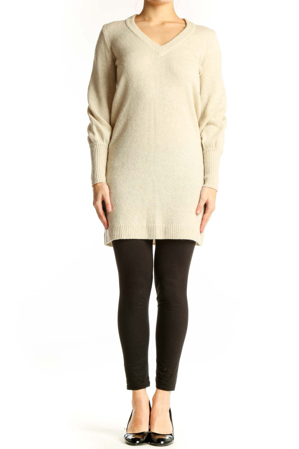 Madewell cream merino wool V-neck sweater dress with long sleeves and ribbed cuffs, front view on model