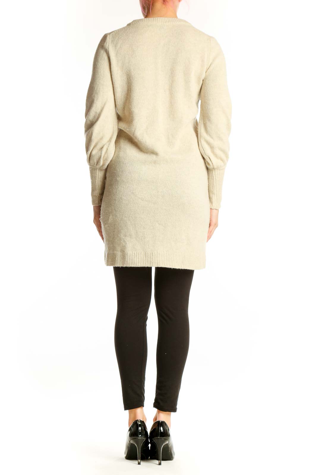 Madewell cream merino wool V-neck sweater dress with long sleeves, back view on model wearing black leggings