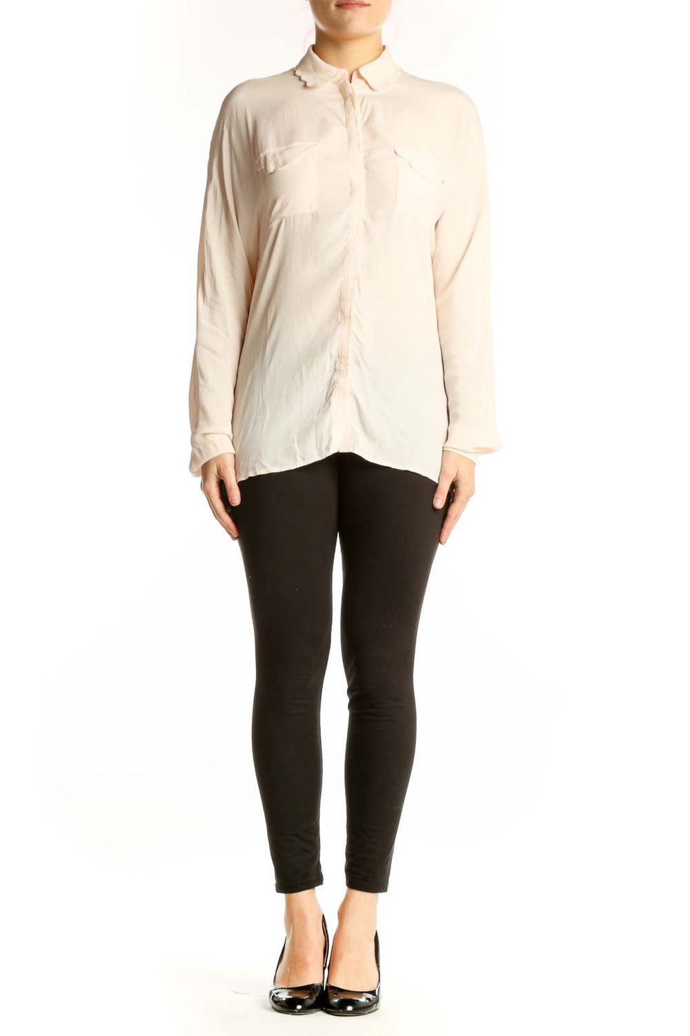 Cream satin viscose button-up shirt with collar and chest pockets, front view