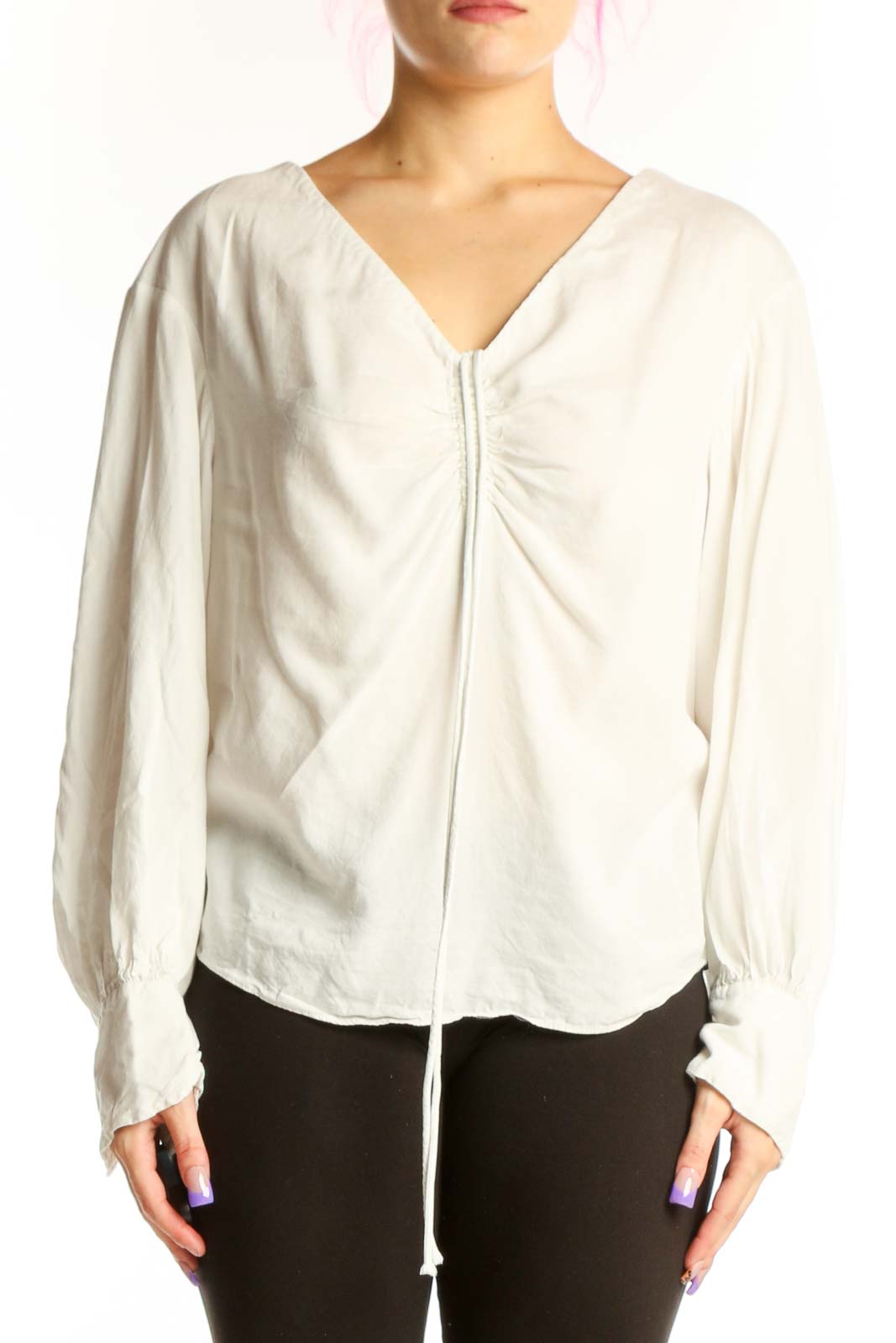 Cream Tencel V-neck blouse with ruching and voluminous long sleeves by Rebecca Taylor, front view