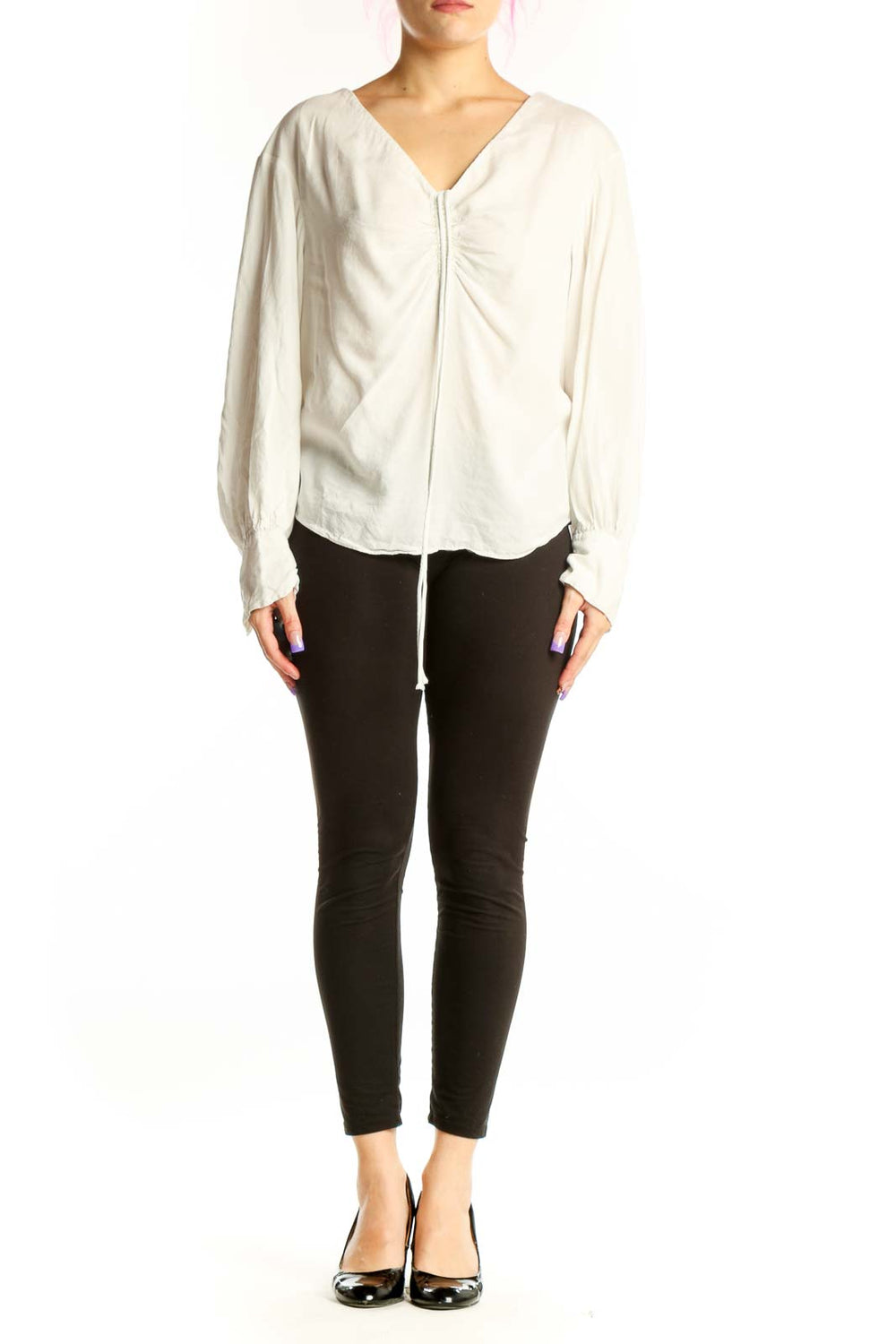 Cream Tencel V-neck blouse with ruching and voluminous long sleeves by Rebecca Taylor, front view