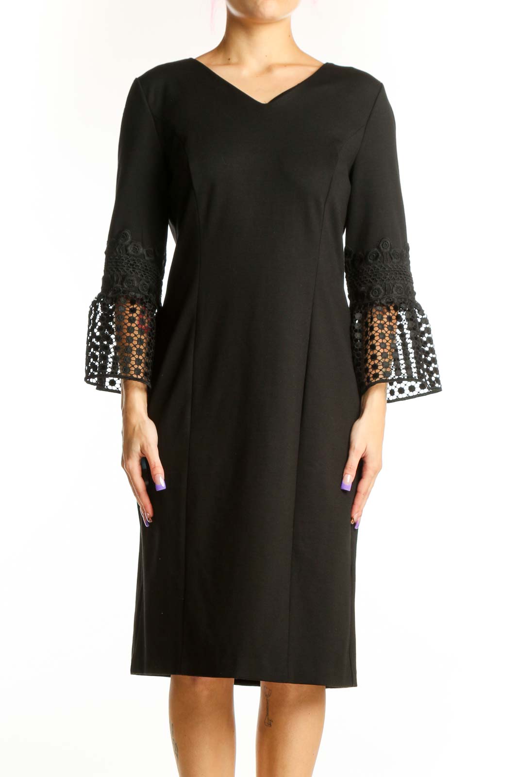 Black lace bell sleeve midi dress with V-neckline and geometric mesh panel details on sleeves
