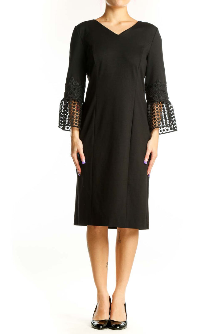 Black lace bell sleeve midi dress with V-neckline and geometric mesh panel details on sleeves