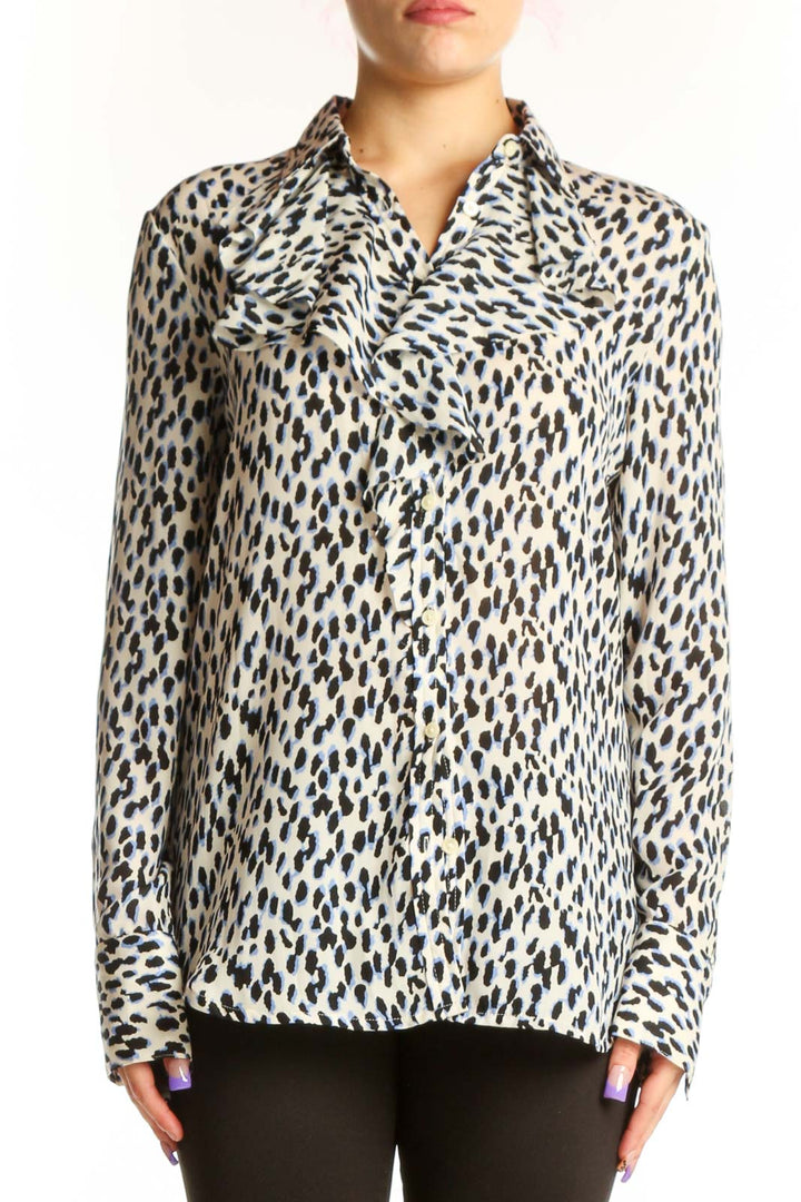 Cream and black leopard print button-up blouse with long sleeves and collared neckline, front view