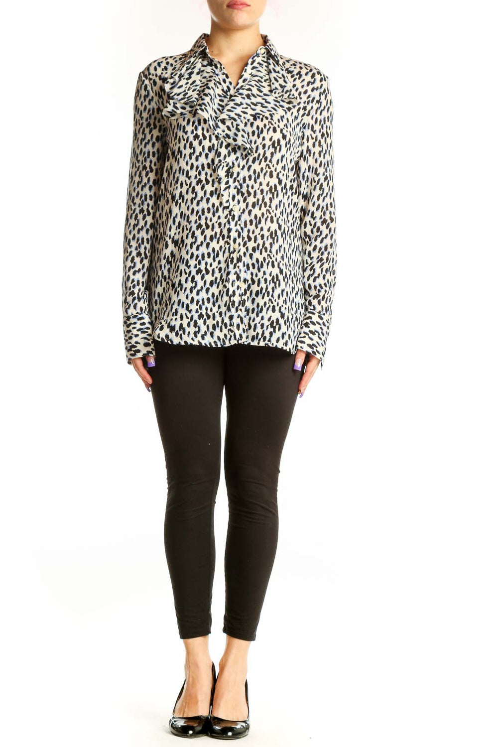 Cream and black leopard print button-up blouse with long sleeves and collared neckline, front view