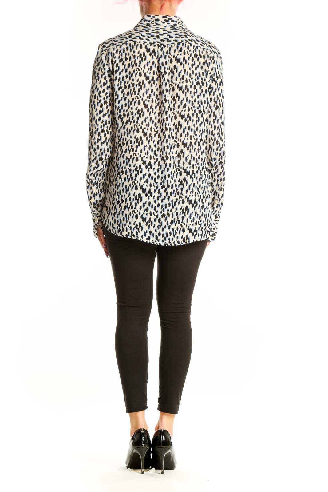 Cream and black leopard print button-up blouse with long sleeves, back view showing relaxed fit