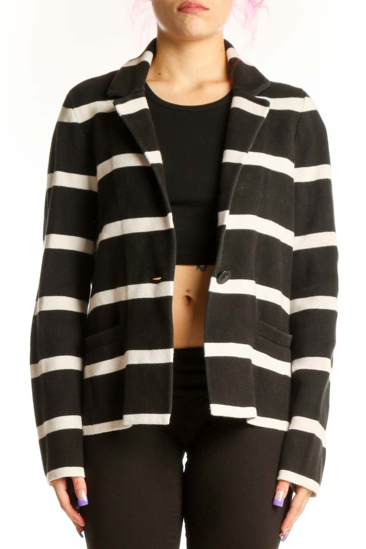 Ann Taylor black and white horizontal striped blazer jacket with button-front closure and tailored fit, front view
