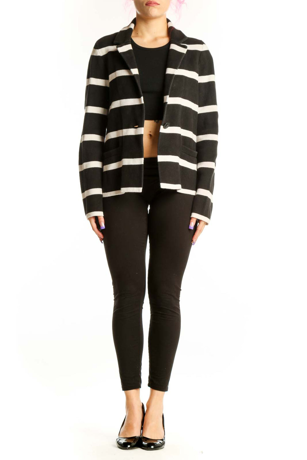 Ann Taylor black and white horizontal striped blazer jacket with button-front closure and tailored fit, front view