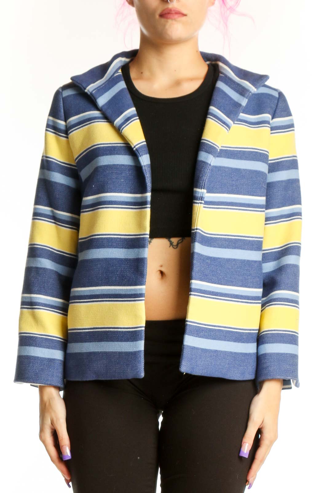 Navy and yellow striped blazer jacket by Talbots, front view, worn open over black top