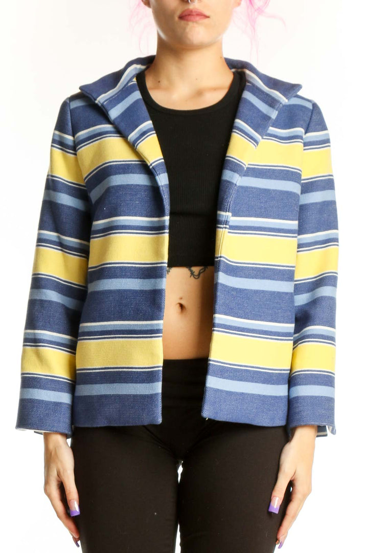 Navy and yellow striped blazer jacket by Talbots, front view, worn open over black top