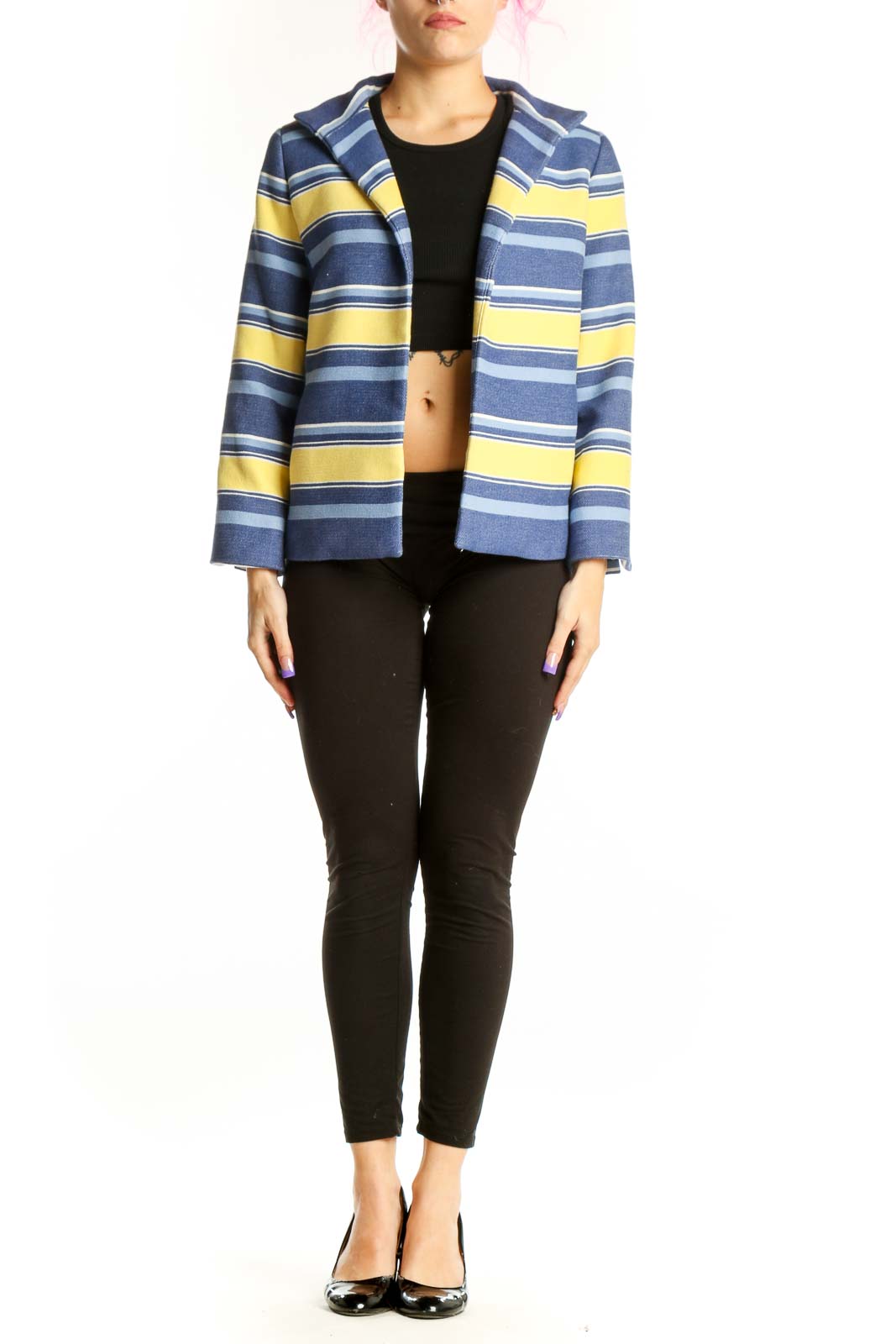 Navy and yellow striped blazer jacket by Talbots, front view, worn open over black top