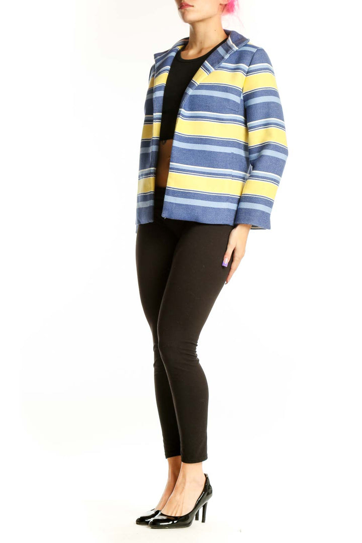 Navy and yellow striped blazer jacket by Talbots, front view, worn open over black top