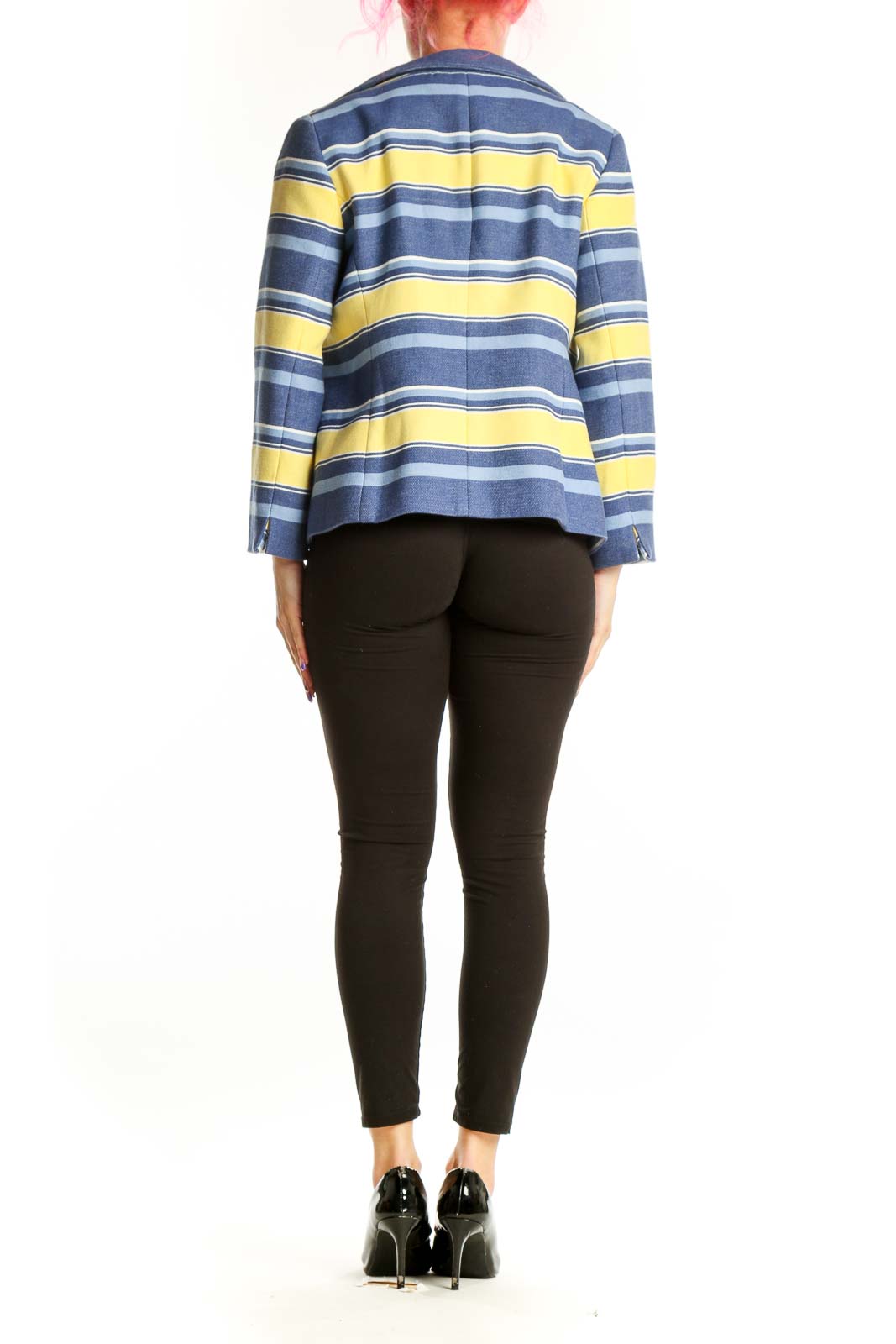 Navy and yellow striped blazer jacket by Talbots, back view, showing horizontal stripe pattern and cropped length