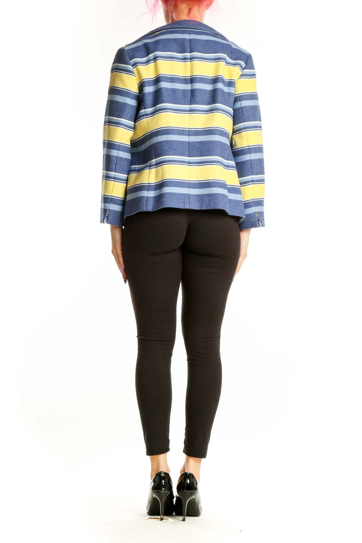 Navy and yellow striped blazer jacket by Talbots, back view, showing horizontal stripe pattern and cropped length