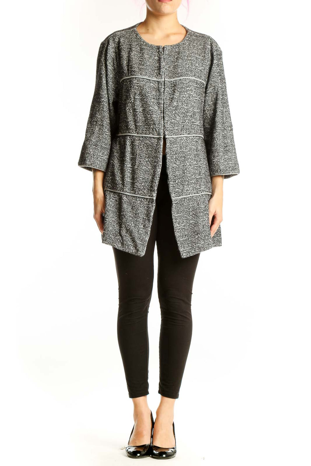 Gray tweed Cabi jacket with button-front closure and contrast stitching, worn on model from front view