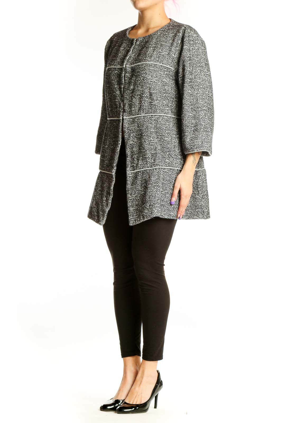 Gray tweed Cabi jacket with button-front closure and contrast stitching, worn on model from front view