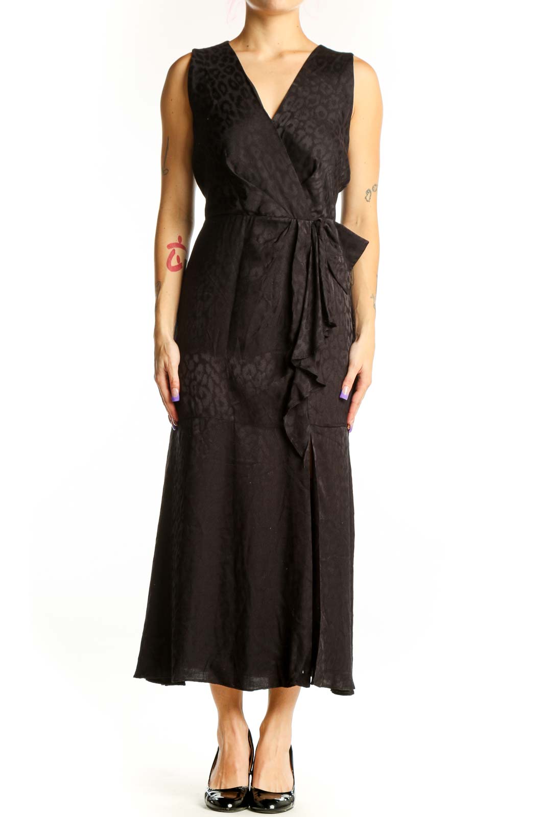 Black leopard print wrap midi dress with V-neckline and adjustable tie waist, front view