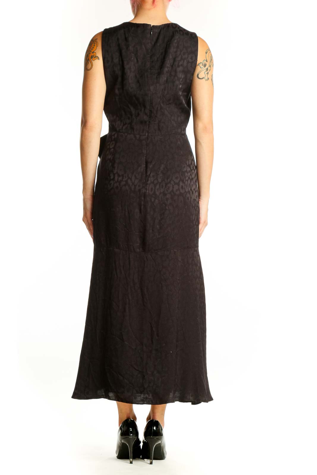 Black leopard print wrap midi dress with side slit detail, back view