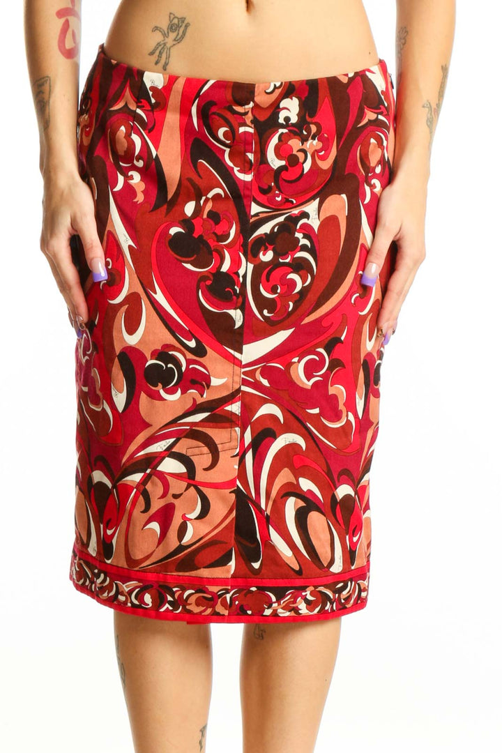 Red ornamental print Emilio Pucci pencil skirt with baroque scrollwork patterns in cream and black, front view