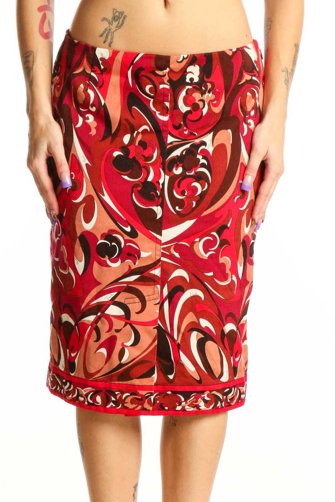 Red ornamental print Emilio Pucci pencil skirt with baroque scrollwork patterns in cream and black, front view