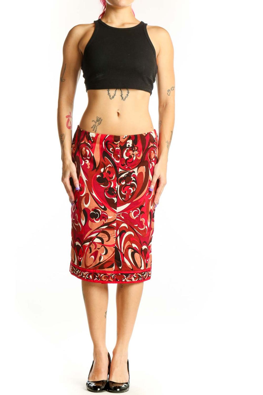 Red ornamental print Emilio Pucci pencil skirt with baroque scrollwork patterns in cream and black, front view