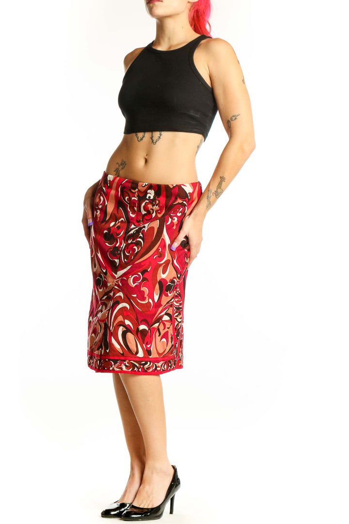 Red ornamental print Emilio Pucci pencil skirt with baroque scrollwork patterns in cream and black, front view