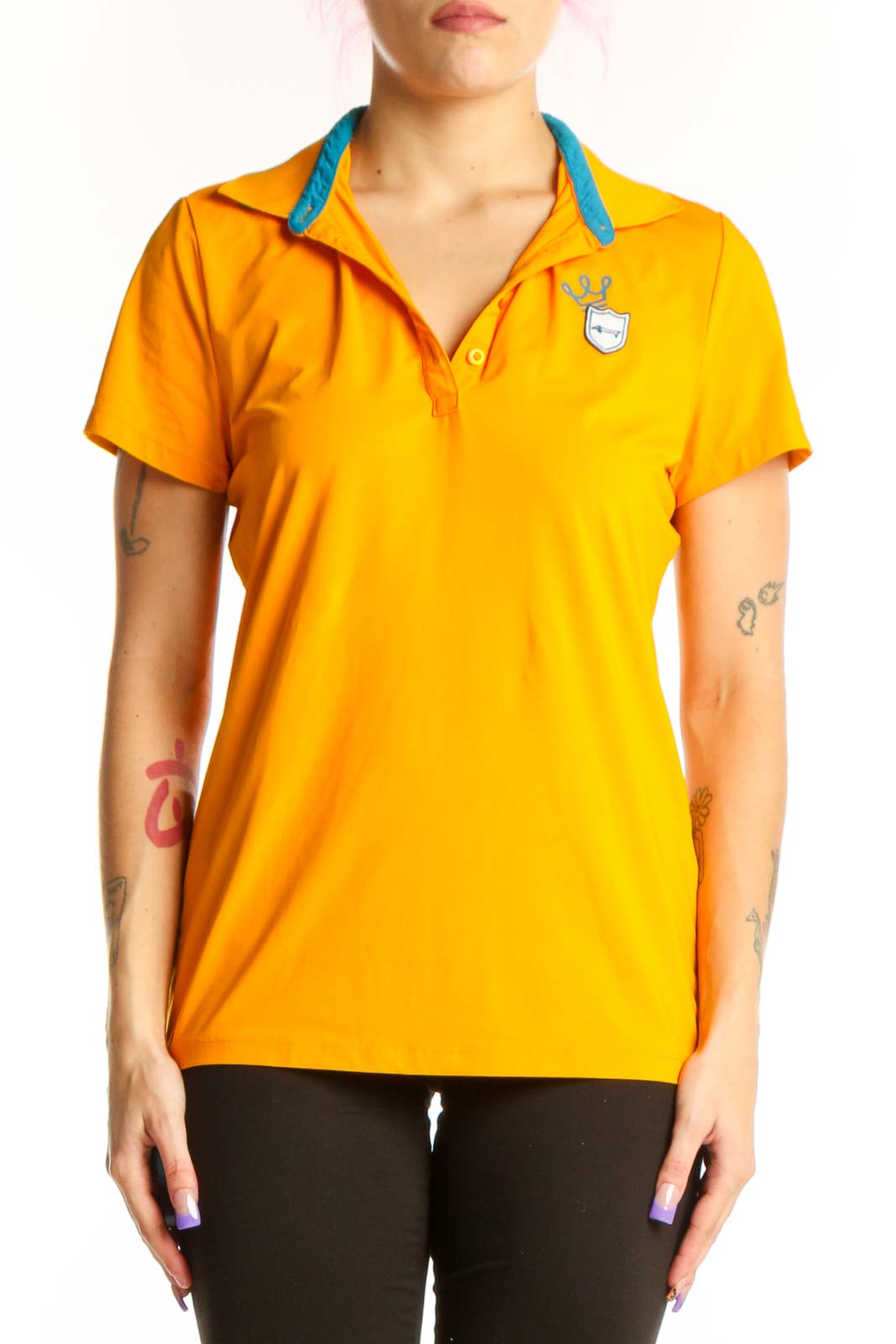 Yellow short sleeve polo top with blue contrast collar by Louis Castel, front view on model
