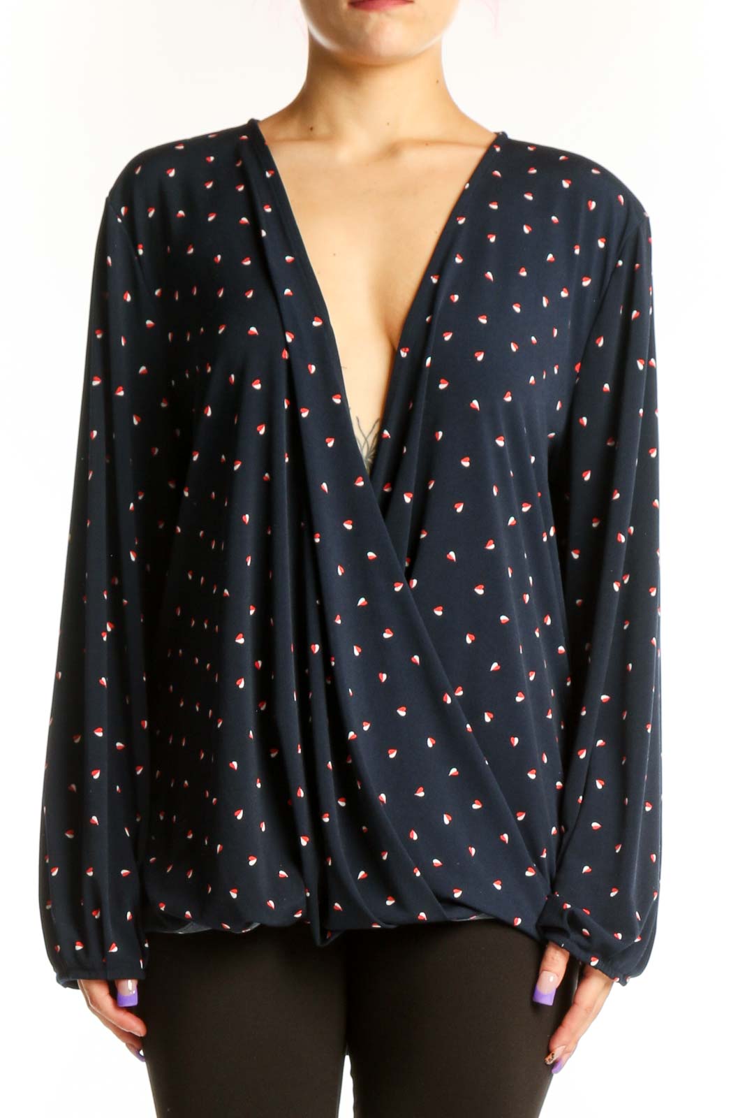 Navy floral print wrap blouse with V-neckline and long sleeves, front view