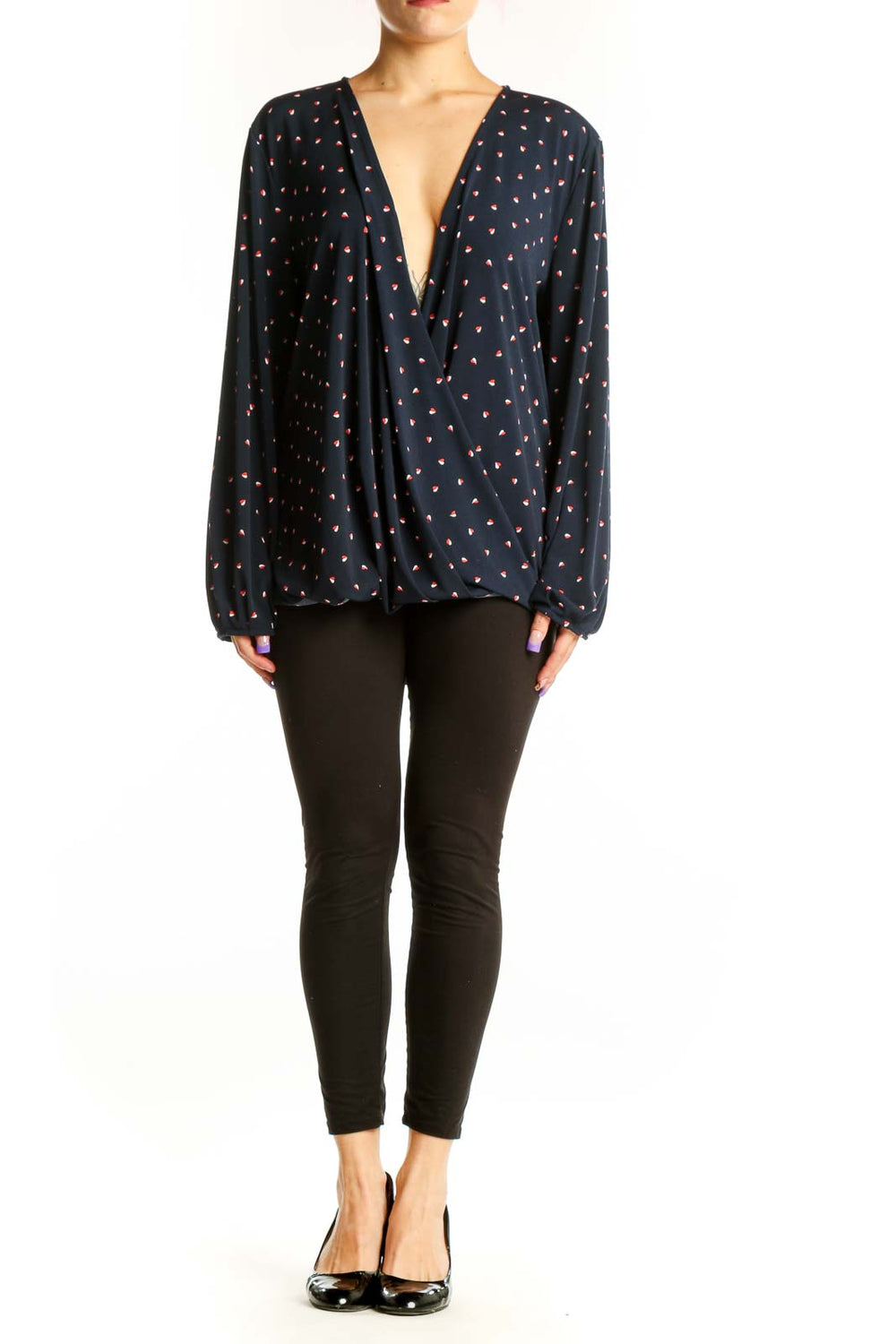 Navy floral print wrap blouse with V-neckline and long sleeves, front view