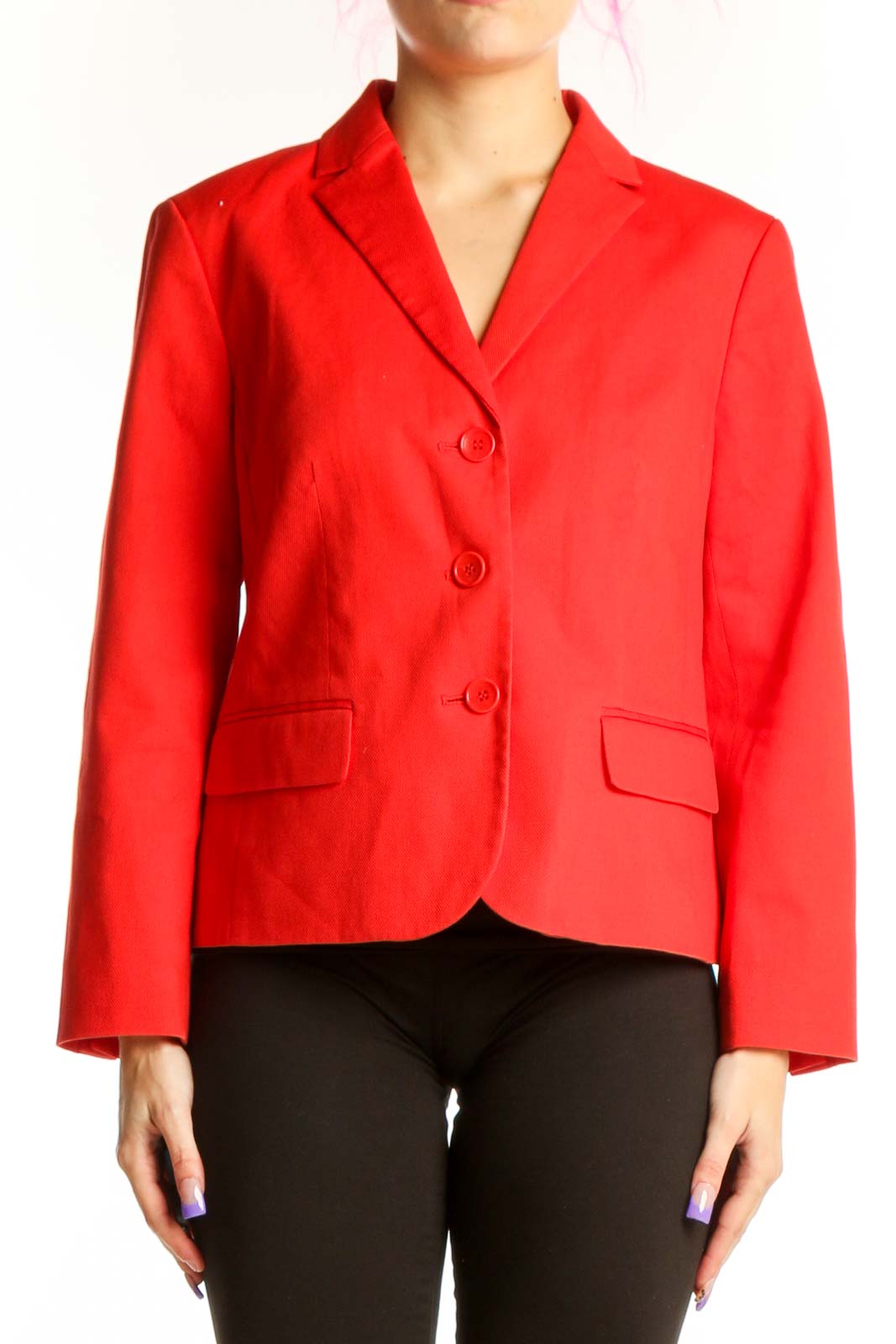Red classic blazer jacket with notch lapel and three-button front, worn with black pants