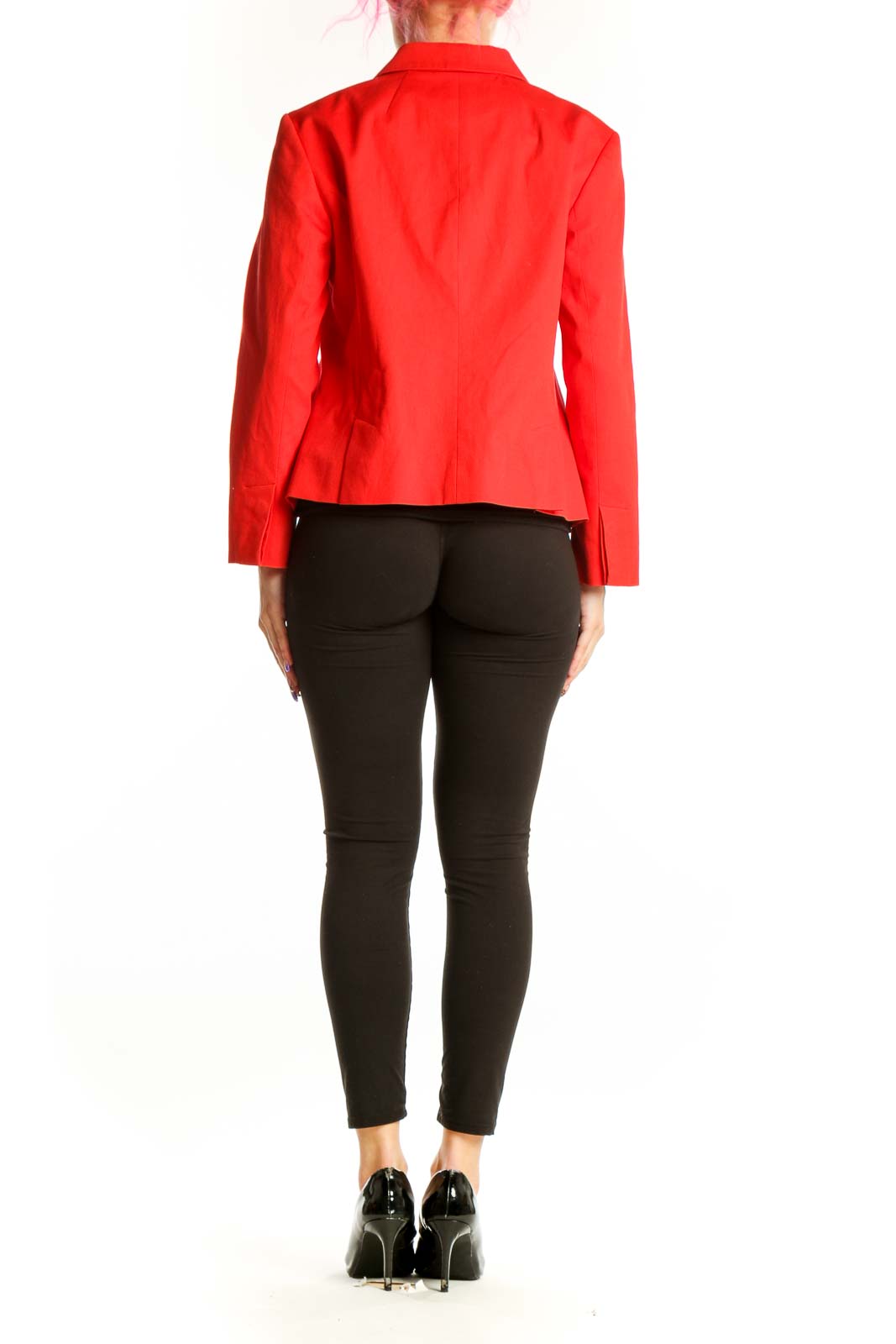 Back view of red tailored blazer jacket showing structured fit and patch pockets