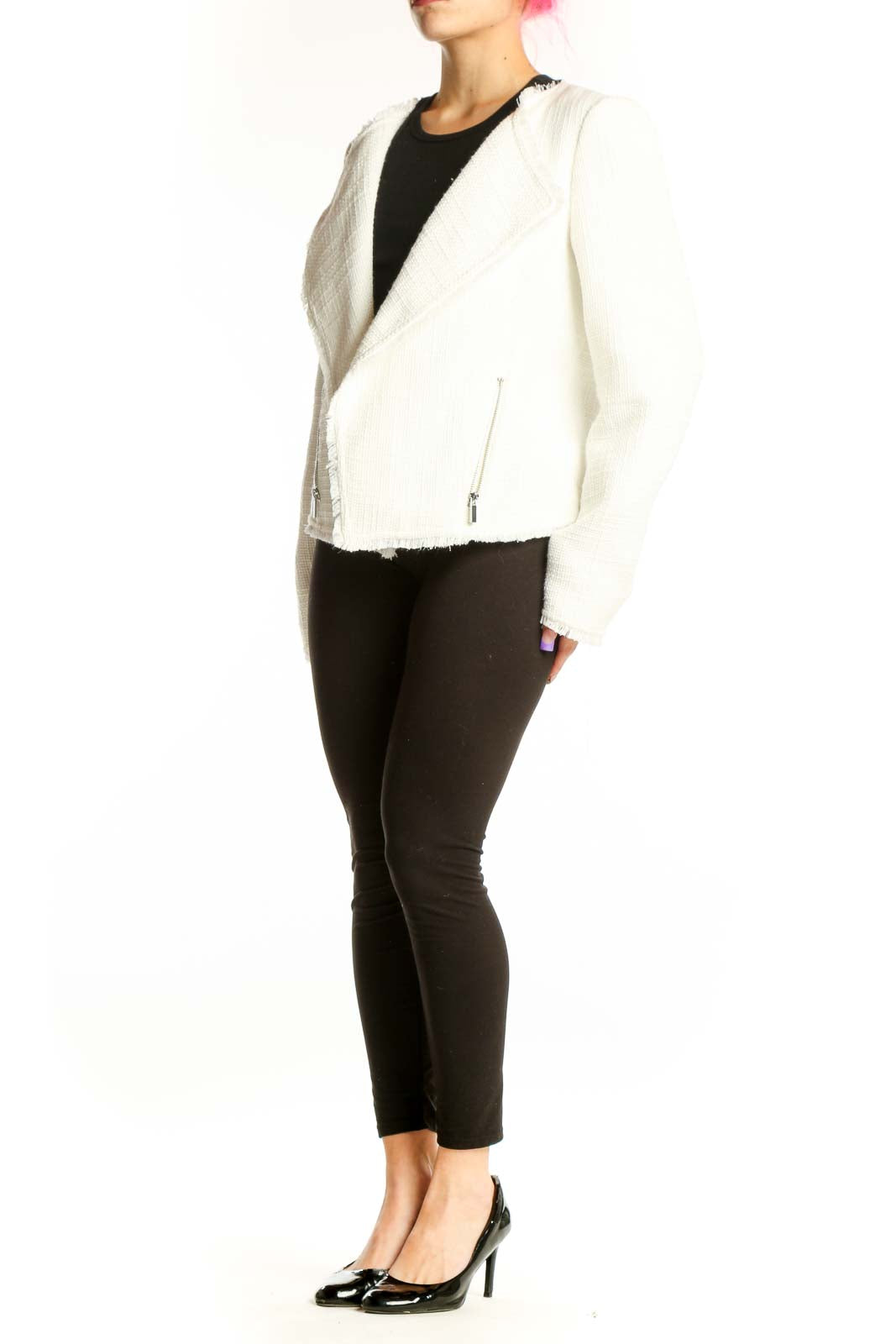 Cream textured blazer with notch lapels and frayed hem worn over black top, front view
