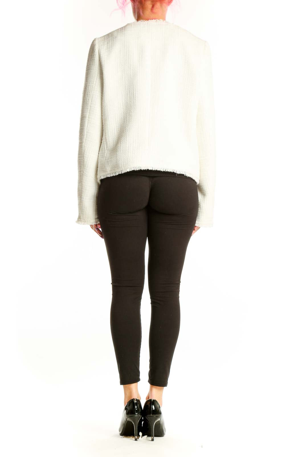 Cream textured blazer with frayed edges and zip pockets, back view on model