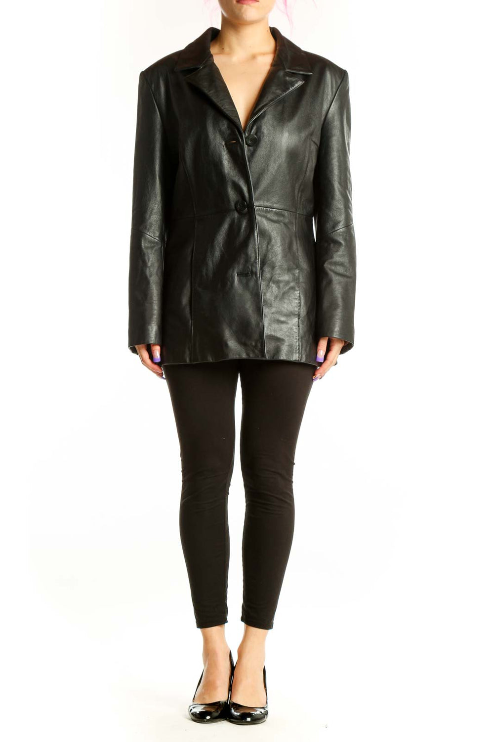 Black leather blazer with notch lapel collar and button-front closure, worn by model showing front view