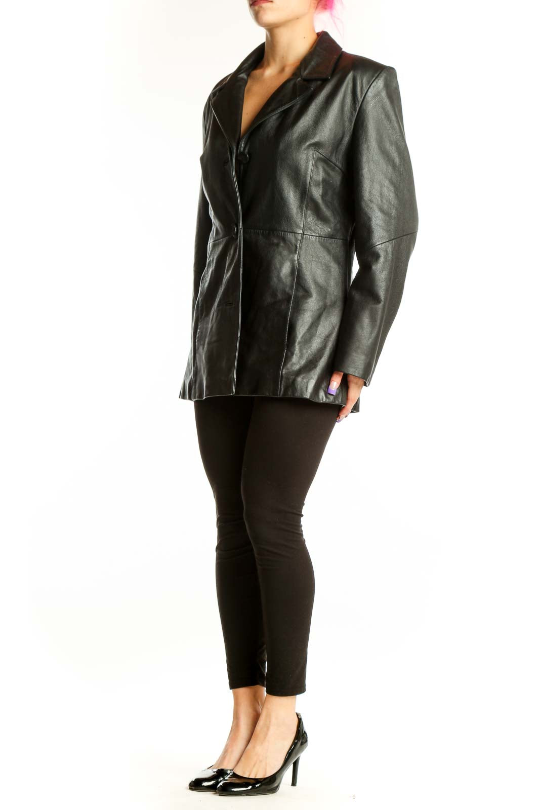 Black leather blazer with notch lapel collar and button-front closure, worn by model showing front view