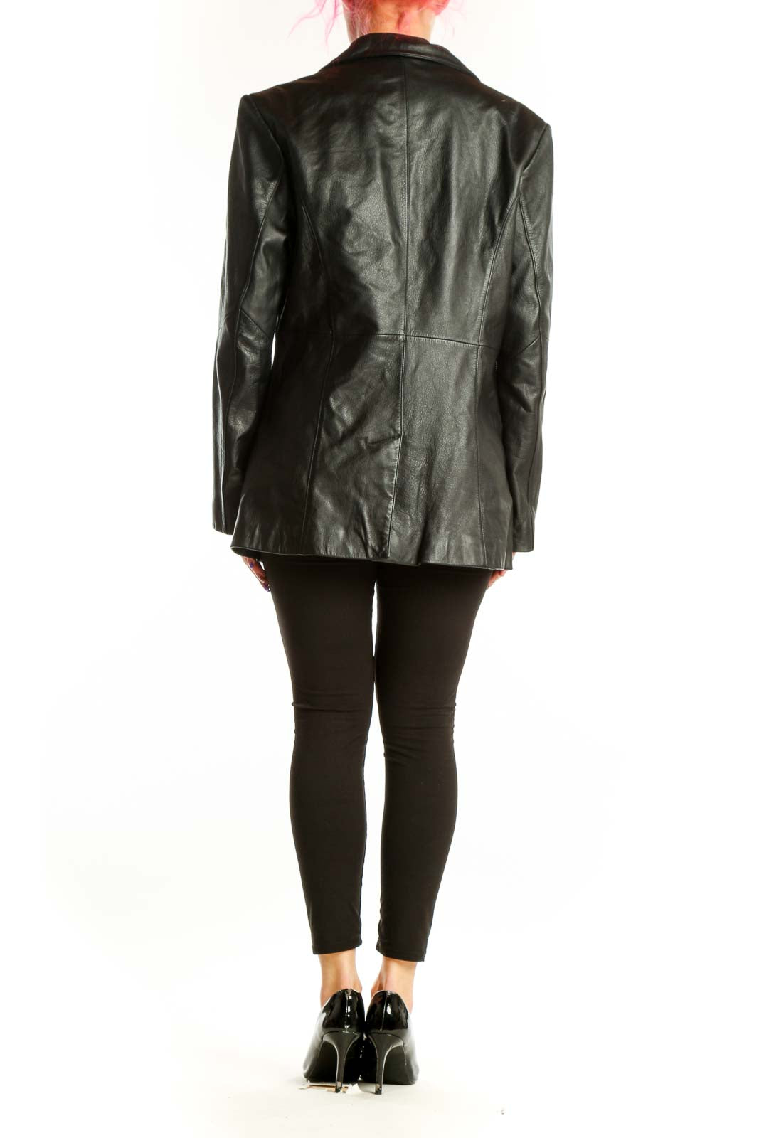 Back view of black leather blazer showing tailored silhouette and structured construction