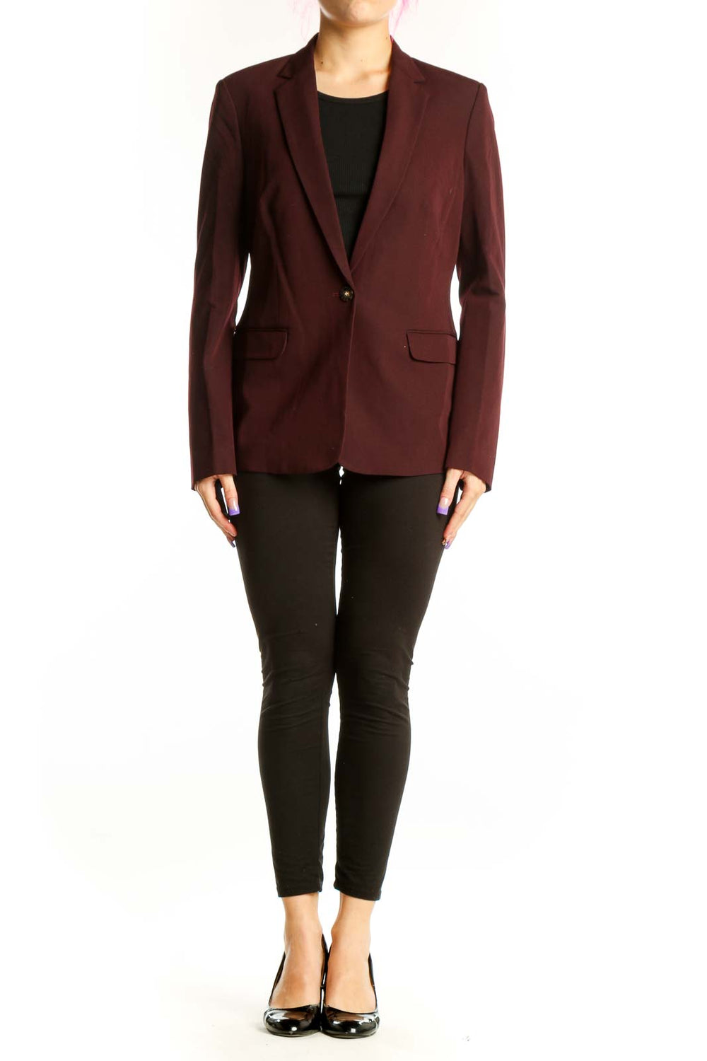 Burgundy single-button tailored blazer by Tahari worn with black top, front view